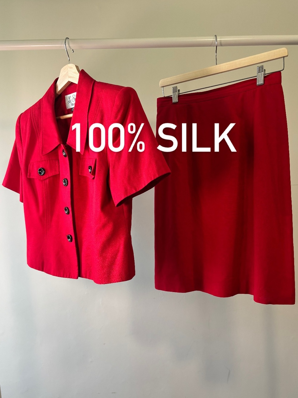 Le Suit Petite Red Suit Skirt Set | 100% silk | Size 8P